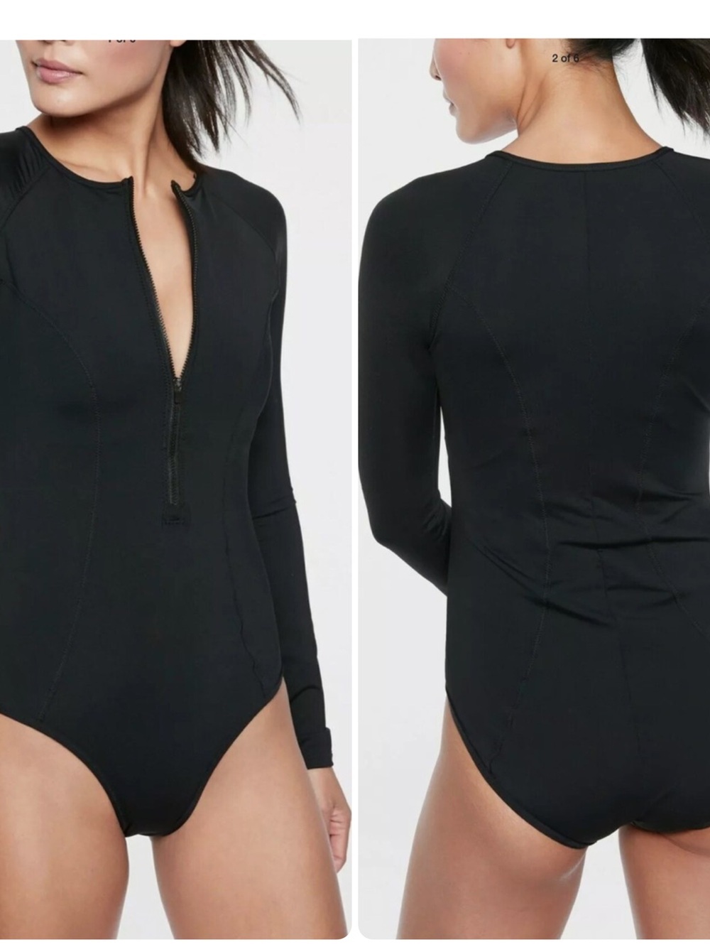Athleta Cortes Long-Sleeve Black Zip Front One-Piece Swim